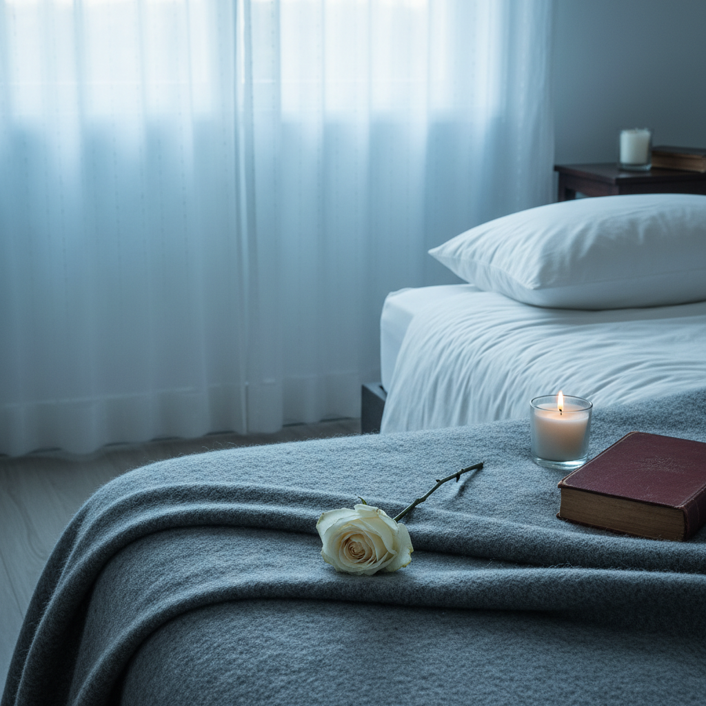 A single, slightly wilted white rose rests on a folded, gray wool blanket at the end of a neatly made bed, the fabric’s texture visibly soft and inviting. On the nightstand, a small, unlit candle and a closed book with a worn spine suggest recent company. Cool, diffused morning light filters through sheer curtains, washing the room in a gentle, bluish tone and casting soft shadows that emphasize calm, reflective stillness. Captured from a slightly elevated angle in photographic realism, with the rose positioned on the lower third of the frame, the composition feels intimate yet composed, reflecting the quiet persistence of grief in everyday spaces.