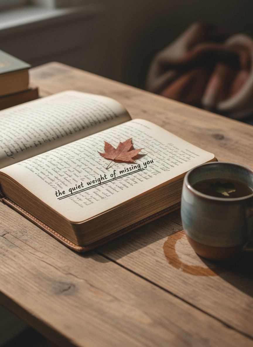 A small, well-worn journal lies open on a simple wooden table, its cream pages filled with dense, handwritten reflections and a single pressed leaf resting between lines. A ceramic mug of herbal tea, half-finished, sits nearby, a faint ring of condensation on the wood. Soft, overcast window light drifts in from the left, creating gentle, elongated shadows and a muted, contemplative atmosphere. Shot at eye level with a shallow depth of field, the focus is on a short phrase underlined in ink, the background fading into a soft blur. The photographic realism and minimalist composition convey quiet honesty, making space for grief without rushing or dramatizing it.
