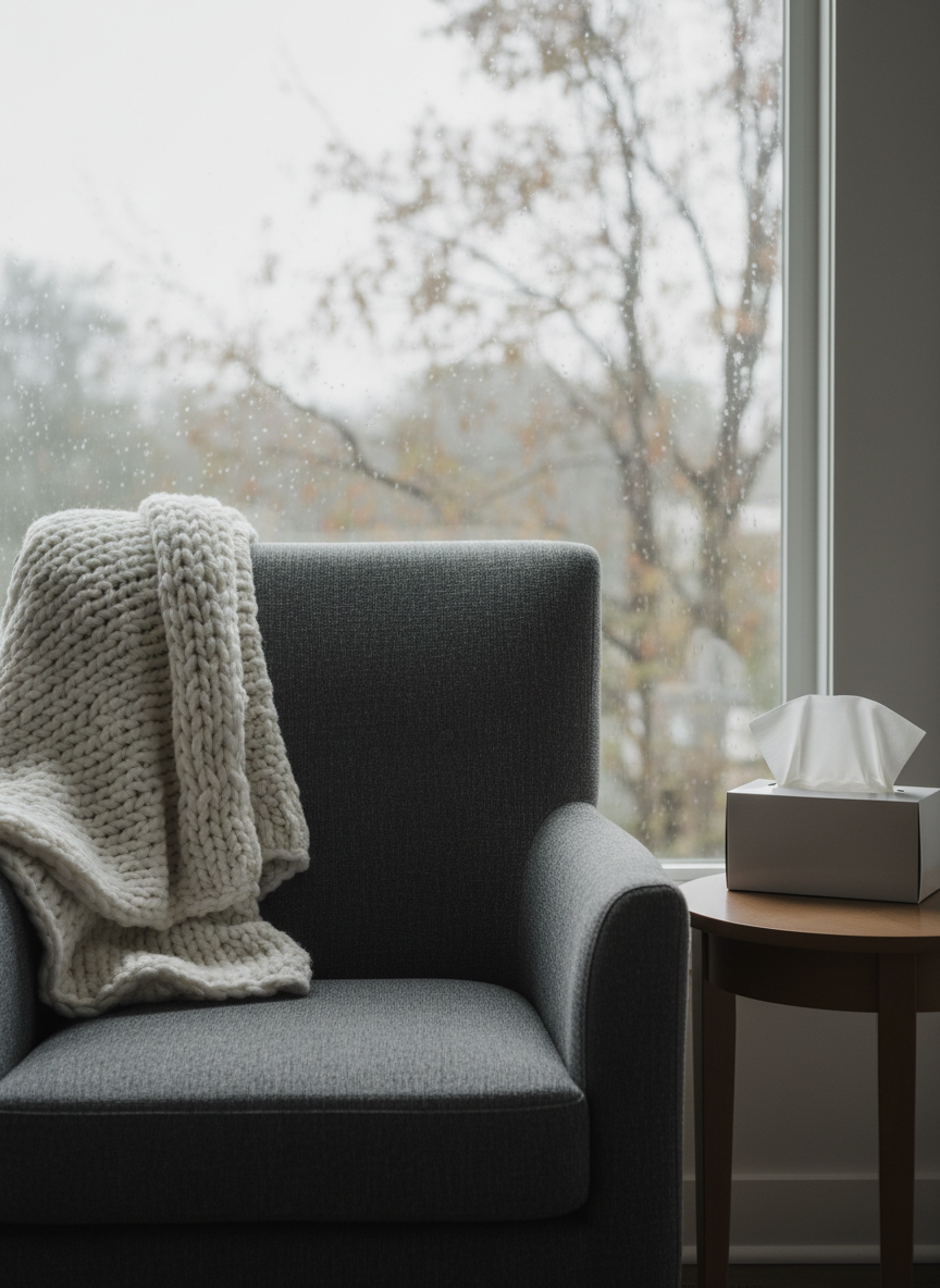 An empty armchair upholstered in soft charcoal fabric sits beside a narrow window, a thick knitted throw draped over one arm and a box of neatly folded tissues on a small adjacent table. Outside the window, branches blurred by shallow depth of field hint at a gray, rainy day. Diffused natural light seeps through the glass, creating a subdued glow on the chair’s textured fabric and a faint reflection on the table surface. Photographic realism and a centered, eye-level composition emphasize the stillness and absence, evoking the ongoing presence of loss in a calm, professional, and unembellished way.