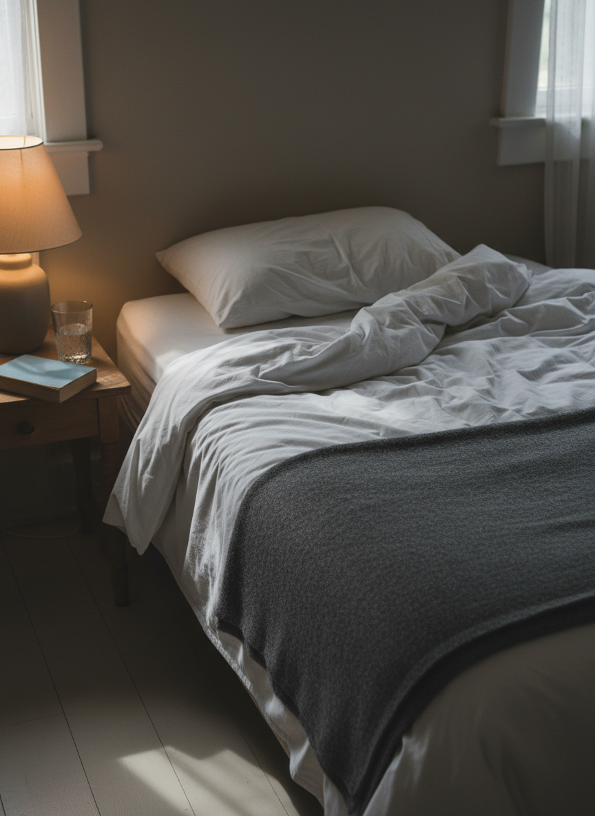 A neatly folded charcoal-gray blanket sits at the end of a simple, unmade bed with crumpled white cotton sheets and a single pillow bearing a faint head indentation. On the bedside table, a small, dimly lit lamp with a warm amber shade casts soft, intimate light across a half-finished glass of water and a closed paperback book with a muted cover. The room is otherwise uncluttered, with a plain wall and a barely visible window frame in the background. Shot in photographic realism from a slightly elevated angle, with gentle shadows and a muted color palette that communicates exhaustion, vulnerability, and the slow, unapologetic process of grieving.