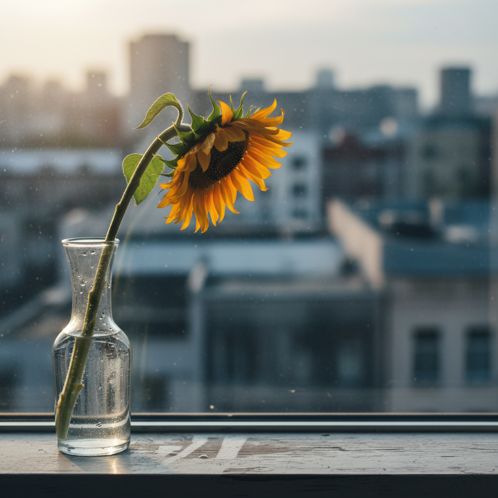 A solitary, slightly wilted sunflower in a clear glass vase stands on a narrow windowsill, its stem bending subtly toward the light. Outside the window, an out-of-focus cityscape in cool blues and grays suggests life continuing in the distance. Soft late-afternoon light filters through the glass, creating delicate reflections on the vase and faint streaks on the worn painted sill. Water drops cling to the inside of the vase, hinting at recent care. Photographic realism, composed using the rule of thirds, with a shallow depth of field that keeps the flower in crisp detail while the world beyond blurs, evoking bittersweet resilience and the quiet persistence of grief amid everyday life.