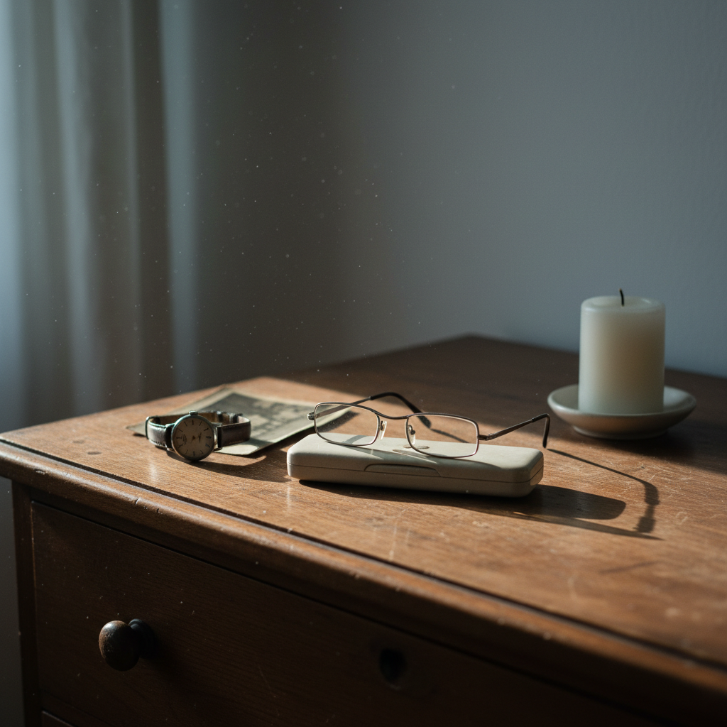 A small collection of symbolic objects arranged carefully on a simple wooden dresser: a pair of neatly folded reading glasses, a tarnished silver wristwatch stopped at a specific time, a faded photograph turned face down, and a single unlit white candle in a plain ceramic holder. The surface shows subtle scratches and wear. Cool, diffused morning light enters from an unseen window, highlighting dust motes in the air and creating soft, elongated shadows behind each object. Photographic realism, shot from an eye-level angle with a moderate depth of field, allowing every object to be clearly visible. The mood is reverent and introspective, suggesting the preserved presence of someone lost and the ongoing relationship with grief.